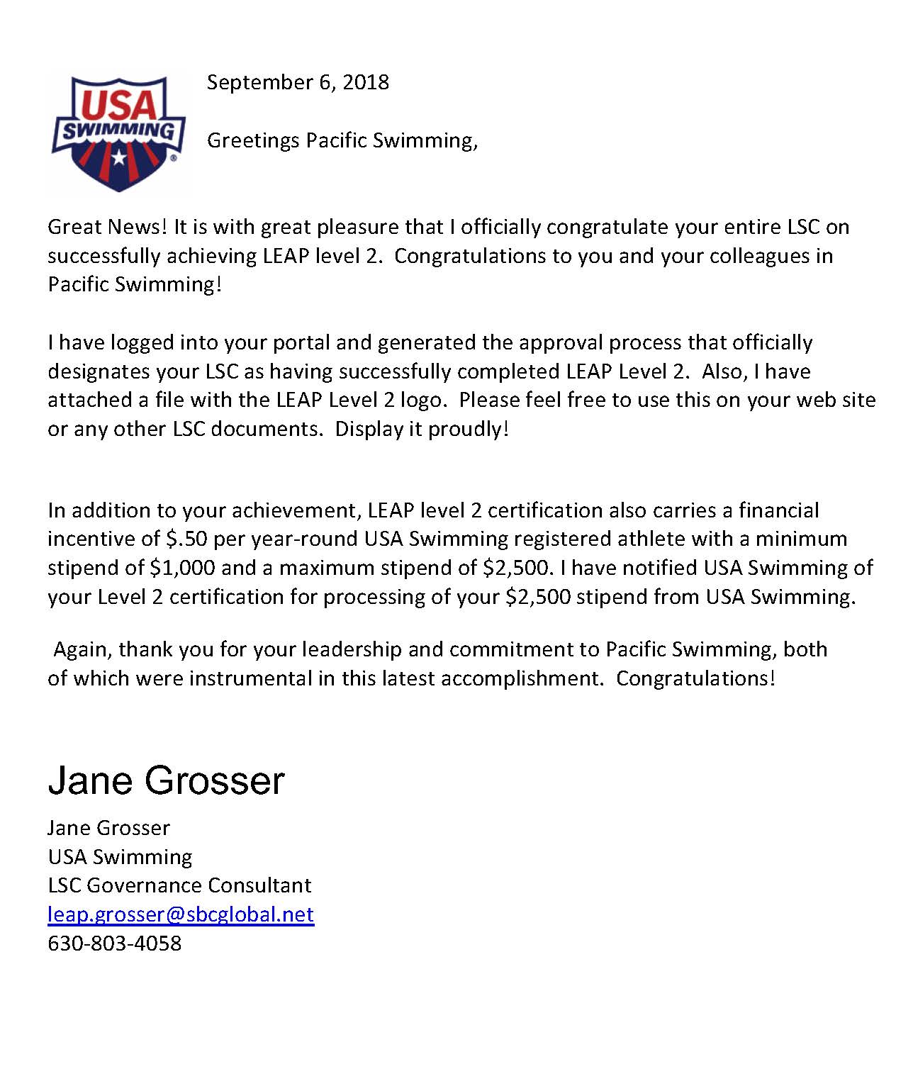 Image for Congratulations Pacific Swimming on Achieving LEAP 2 Status